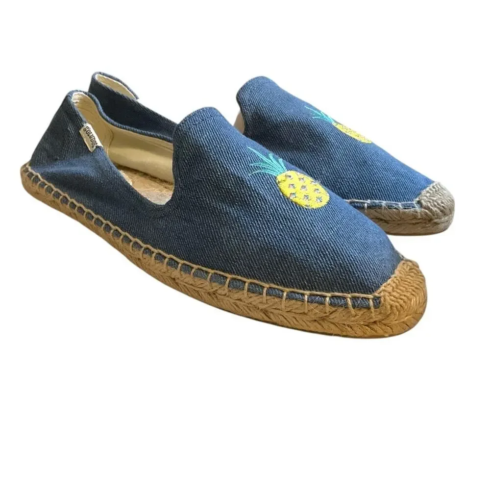 Anthropologie Soludos Chambray Blue Slip On Jute Espadrilles Women 10M Pineapple